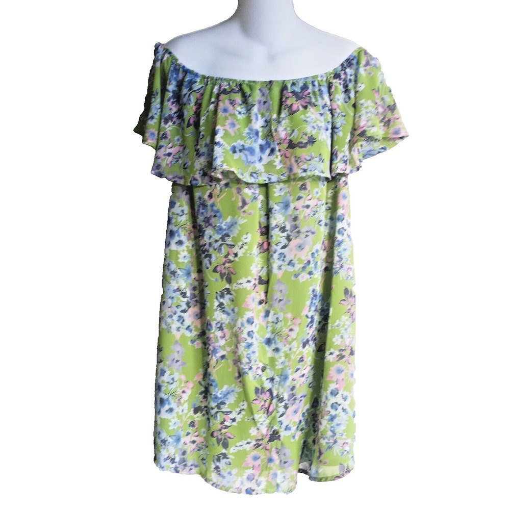 Peach Love Boutique Off The Shoulder Dress Green Floral Buttons Woman's S New